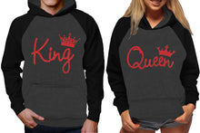 Görseli Galeri görüntüleyiciye yükleyin, King and Queen raglan hoodies, Matching couple hoodies, Red Glitter King Queen design on man and woman hoodies
