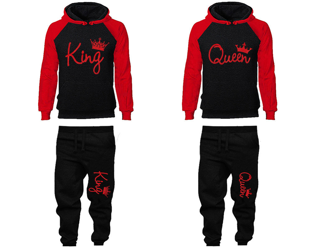 King and Queen matching top and bottom set, Red Glitter design hoodie and sweatpants sets for mens hoodie and jogger set womens. Matching couple joggers.