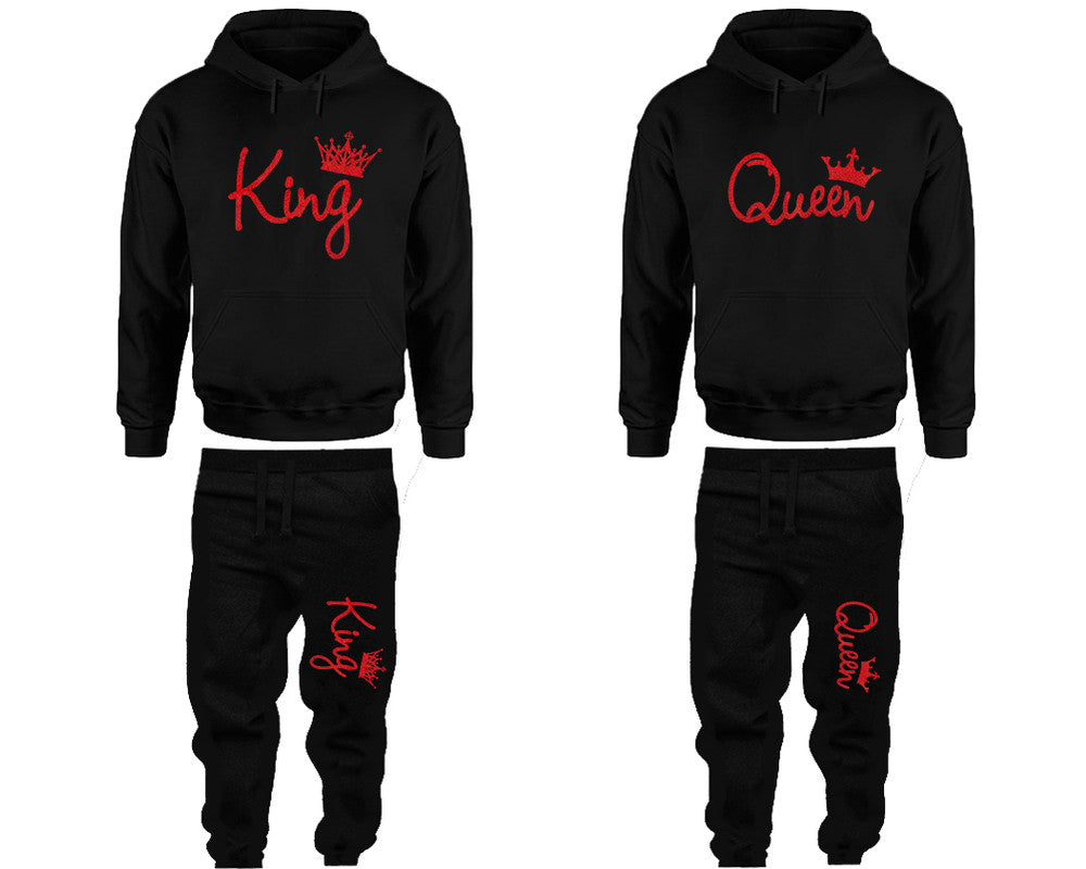 King and Queen matching top and bottom set, Red Glitter hoodie and sweatpants sets for mens hoodie and jogger set womens. Matching couple joggers.