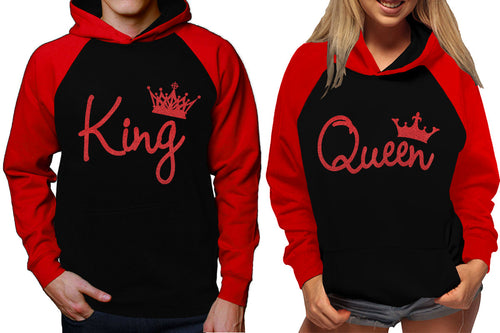 King and Queen raglan hoodies, Matching couple hoodies, Red Glitter King Queen design on man and woman hoodies