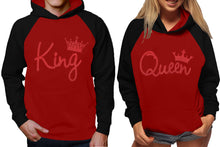 Load image into Gallery viewer, King and Queen raglan hoodies, Matching couple hoodies, Red Glitter King Queen design on man and woman hoodies
