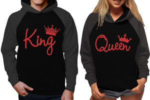 King and Queen raglan hoodies, Matching couple hoodies, Red Glitter King Queen design on man and woman hoodies