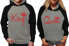 Cargar imagen en el visor de la galería, King and Queen raglan hoodies, Matching couple hoodies, Red Glitter King Queen design on man and woman hoodies
