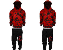 Load image into Gallery viewer, King and Queen matching top and bottom set, Red Glitter design tie dye hoodie and jogger pants set for mens, tie dye hoodie and jogger set womens. Matching couple joggers.

