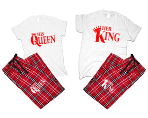 Her King and His Queen matching couple top bottom sets.Couple shirts, Red White_White flannel pants for men, flannel pants for women. Couple matching shirts.