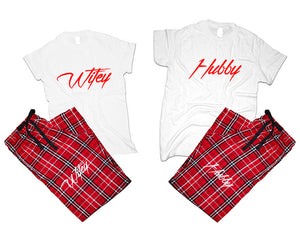 Hubby and Wifey matching couple top bottom sets.Couple shirts, Red White_White flannel pants for men, flannel pants for women. Couple matching shirts.