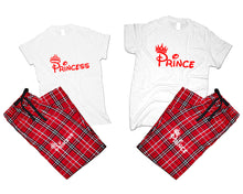 將圖片載入圖庫檢視器 Prince and Princess matching couple top bottom sets.Couple shirts, Red White_White flannel pants for men, flannel pants for women. Couple matching shirts.
