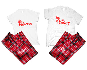 Prince and Princess matching couple top bottom sets.Couple shirts, Red White_White flannel pants for men, flannel pants for women. Couple matching shirts.