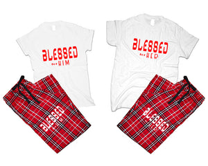 Blessed for Her and Blessed for Him matching couple top bottom sets.Couple shirts, Red White_White flannel pants for men, flannel pants for women. Couple matching shirts.