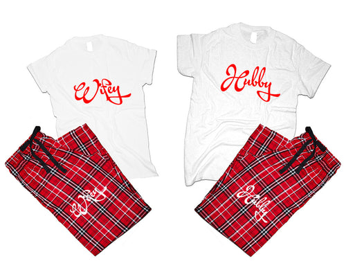 Hubby and Wifey matching couple top bottom sets.Couple shirts, Red White_White flannel pants for men, flannel pants for women. Couple matching shirts.