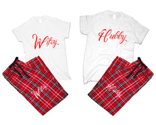 將圖片載入圖庫檢視器 Hubby and Wifey matching couple top bottom sets.Couple shirts, Red White_White flannel pants for men, flannel pants for women. Couple matching shirts.
