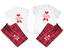 Load image into Gallery viewer, She&#39;s My Forever and He&#39;s My Forever matching couple top bottom sets.Couple shirts, Red White_White flannel pants for men, flannel pants for women. Couple matching shirts.
