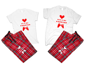 She's My Forever and He's My Forever matching couple top bottom sets.Couple shirts, Red White_White flannel pants for men, flannel pants for women. Couple matching shirts.
