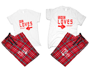 She Loves Me and He Loves Me matching couple top bottom sets.Couple shirts, Red White_White flannel pants for men, flannel pants for women. Couple matching shirts.