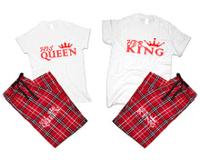 Load image into Gallery viewer, Her King and His Queen matching couple top bottom sets.Couple shirts, Red White_White flannel pants for men, flannel pants for women. Couple matching shirts.
