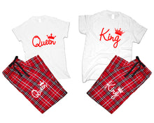 Load image into Gallery viewer, King and Queen matching couple top bottom sets.Couple shirts, Red White_White flannel pants for men, flannel pants for women. Couple matching shirts.
