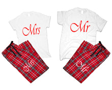 Load image into Gallery viewer, Mr and Mrs matching couple top bottom sets.Couple shirts, Red White_White flannel pants for men, flannel pants for women. Couple matching shirts.
