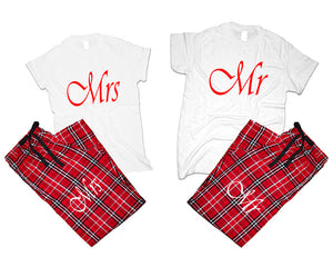 Mr and Mrs matching couple top bottom sets.Couple shirts, Red White_White flannel pants for men, flannel pants for women. Couple matching shirts.