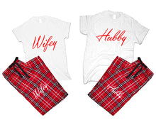 將圖片載入圖庫檢視器 Hubby and Wifey matching couple top bottom sets.Couple shirts, Red White_White flannel pants for men, flannel pants for women. Couple matching shirts.
