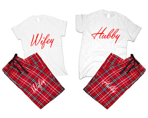 Hubby and Wifey matching couple top bottom sets.Couple shirts, Red White_White flannel pants for men, flannel pants for women. Couple matching shirts.