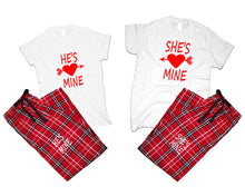 Load image into Gallery viewer, She&#39;s Mine and He&#39;s Mine matching couple top bottom sets.Couple shirts, Red White_White flannel pants for men, flannel pants for women. Couple matching shirts.
