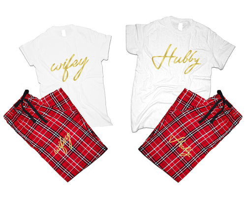 Hubby and Wifey matching couple top bottom sets.Couple shirts, Red White_White flannel pants for men, flannel pants for women. Couple matching shirts.