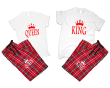 將圖片載入圖庫檢視器 King and Queen matching couple top bottom sets.Couple shirts, Red White_White flannel pants for men, flannel pants for women. Couple matching shirts.
