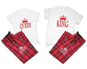 King and Queen matching couple top bottom sets.Couple shirts, Red White_White flannel pants for men, flannel pants for women. Couple matching shirts.