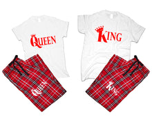 將圖片載入圖庫檢視器 King and Queen matching couple top bottom sets.Couple shirts, Red White_White flannel pants for men, flannel pants for women. Couple matching shirts.
