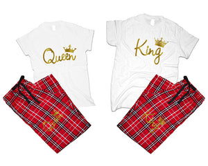 King and Queen matching couple top bottom sets.Couple shirts, Red White_White flannel pants for men, flannel pants for women. Couple matching shirts.