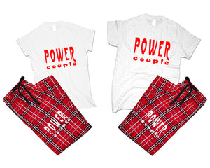 Power Couple matching couple top bottom sets.Couple shirts, Red White_White flannel pants for men, flannel pants for women. Couple matching shirts.