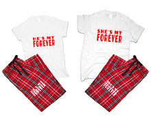 Cargar imagen en el visor de la galería, She&#39;s My Forever and He&#39;s My Forever matching couple top bottom sets.Couple shirts, Red White_White flannel pants for men, flannel pants for women. Couple matching shirts.
