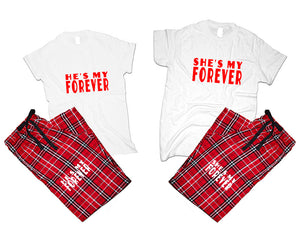 She's My Forever and He's My Forever matching couple top bottom sets.Couple shirts, Red White_White flannel pants for men, flannel pants for women. Couple matching shirts.
