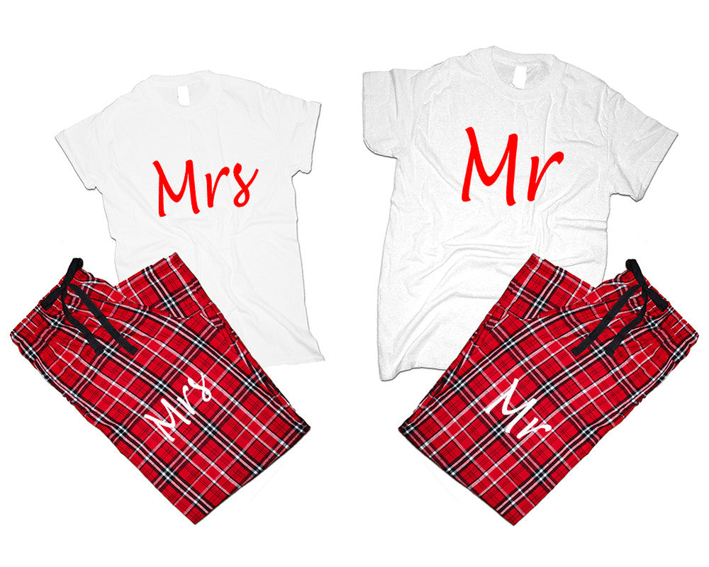 Mr and Mrs matching couple top bottom sets.Couple shirts, Red White_White flannel pants for men, flannel pants for women. Couple matching shirts.