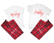 Load image into Gallery viewer, Hubby and Wifey matching couple top bottom sets.Couple shirts, Red White_White flannel pants for men, flannel pants for women. Couple matching shirts.
