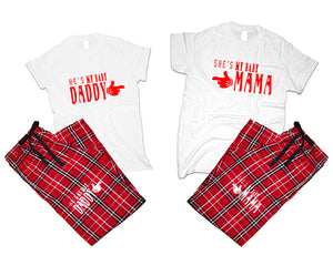 She's My Baby Mama and He's My Baby Daddy matching couple top bottom sets.Couple shirts, Red White_White flannel pants for men, flannel pants for women. Couple matching shirts.