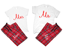 將圖片載入圖庫檢視器 Mr and Mrs matching couple top bottom sets.Couple shirts, Red White_White flannel pants for men, flannel pants for women. Couple matching shirts.
