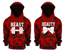 Görseli Galeri görüntüleyiciye yükleyin, Beast and Beauty Tie Die couple hoodies, Matching couple hoodies, Red Cloud tie dye hoodies.
