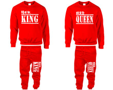 將圖片載入圖庫檢視器 Her King and His Queen top and bottom sets. Red sweatshirt and sweatpants set for men, sweater and jogger pants for women.
