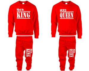 Her King and His Queen top and bottom sets. Red sweatshirt and sweatpants set for men, sweater and jogger pants for women.