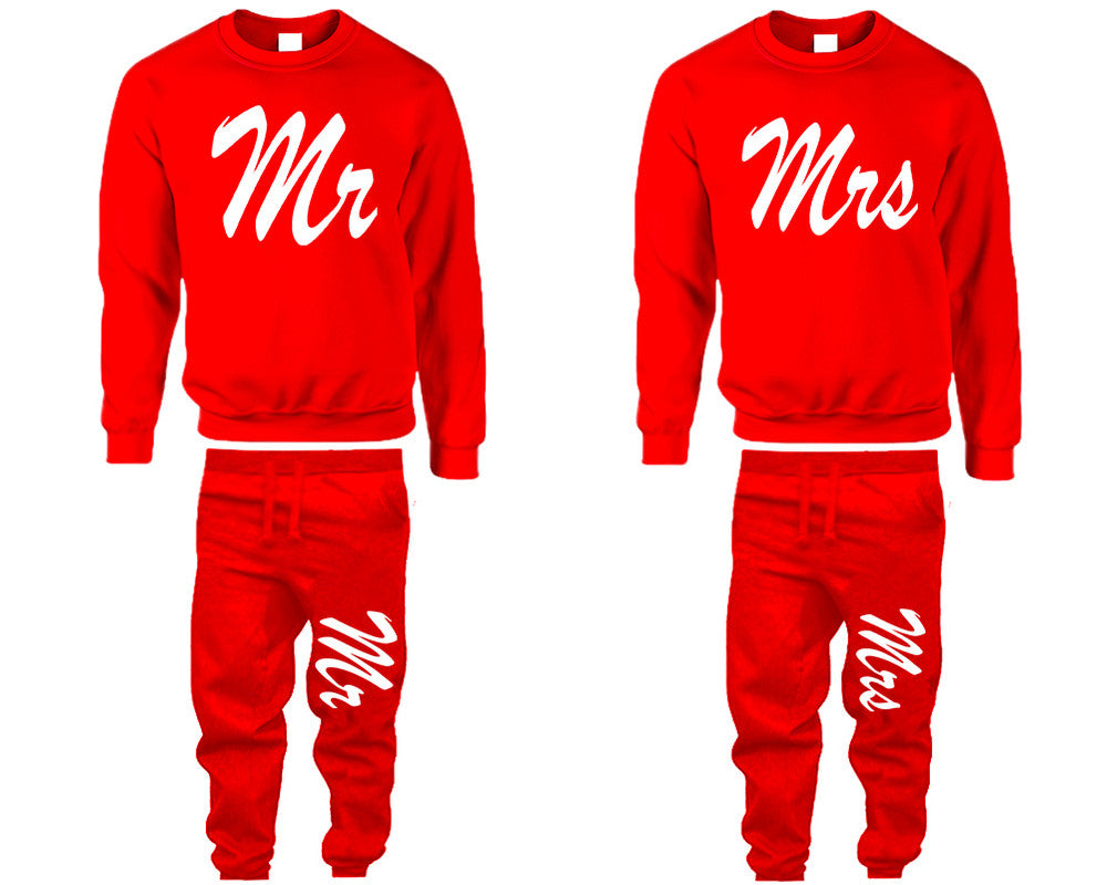 Mr and Mrs top and bottom sets. Red sweatshirt and sweatpants set for men, sweater and jogger pants for women.