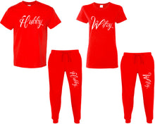 Charger l&#39;image dans la galerie, Hubby and Wifey shirts and jogger pants, matching top and bottom set, Red t shirts, men joggers, shirt and jogger pants women. Matching couple joggers
