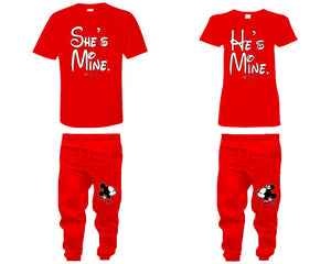 She's Mine He's Mine shirts, matching top and bottom set, Red t shirts, men joggers, shirt and jogger pants women. Matching couple joggers