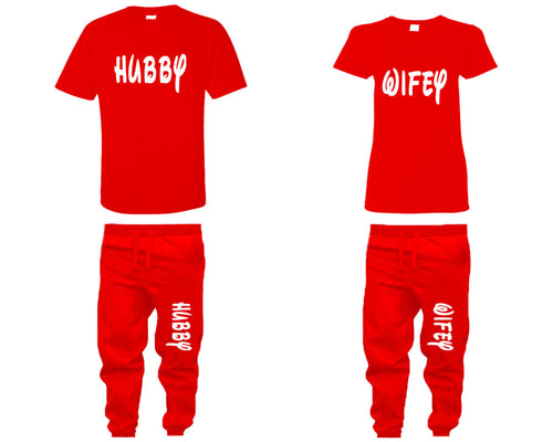 Hubby and Wifey shirts and jogger pants, matching top and bottom set, Red t shirts, men joggers, shirt and jogger pants women. Matching couple joggers