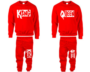 King and Queen top and bottom sets. Red sweatshirt and sweatpants set for men, sweater and jogger pants for women.