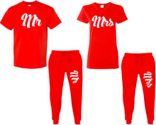 Load image into Gallery viewer, Mr and Mrs shirts and jogger pants, matching top and bottom set, Red t shirts, men joggers, shirt and jogger pants women. Matching couple joggers
