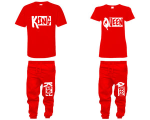 King and Queen shirts and jogger pants, matching top and bottom set, Red t shirts, men joggers, shirt and jogger pants women. Matching couple joggers