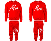 將圖片載入圖庫檢視器 Mr and Mrs top and bottom sets. Red sweatshirt and sweatpants set for men, sweater and jogger pants for women.

