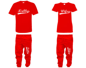 Hubby Wifey shirts, matching top and bottom set, Red t shirts, men joggers, shirt and jogger pants women. Matching couple joggers
