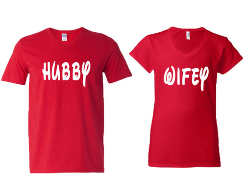 Hubby and Wifey matching couple v-neck shirts.Couple shirts, Red v neck t shirts for men, v neck t shirts women. Couple matching shirts.